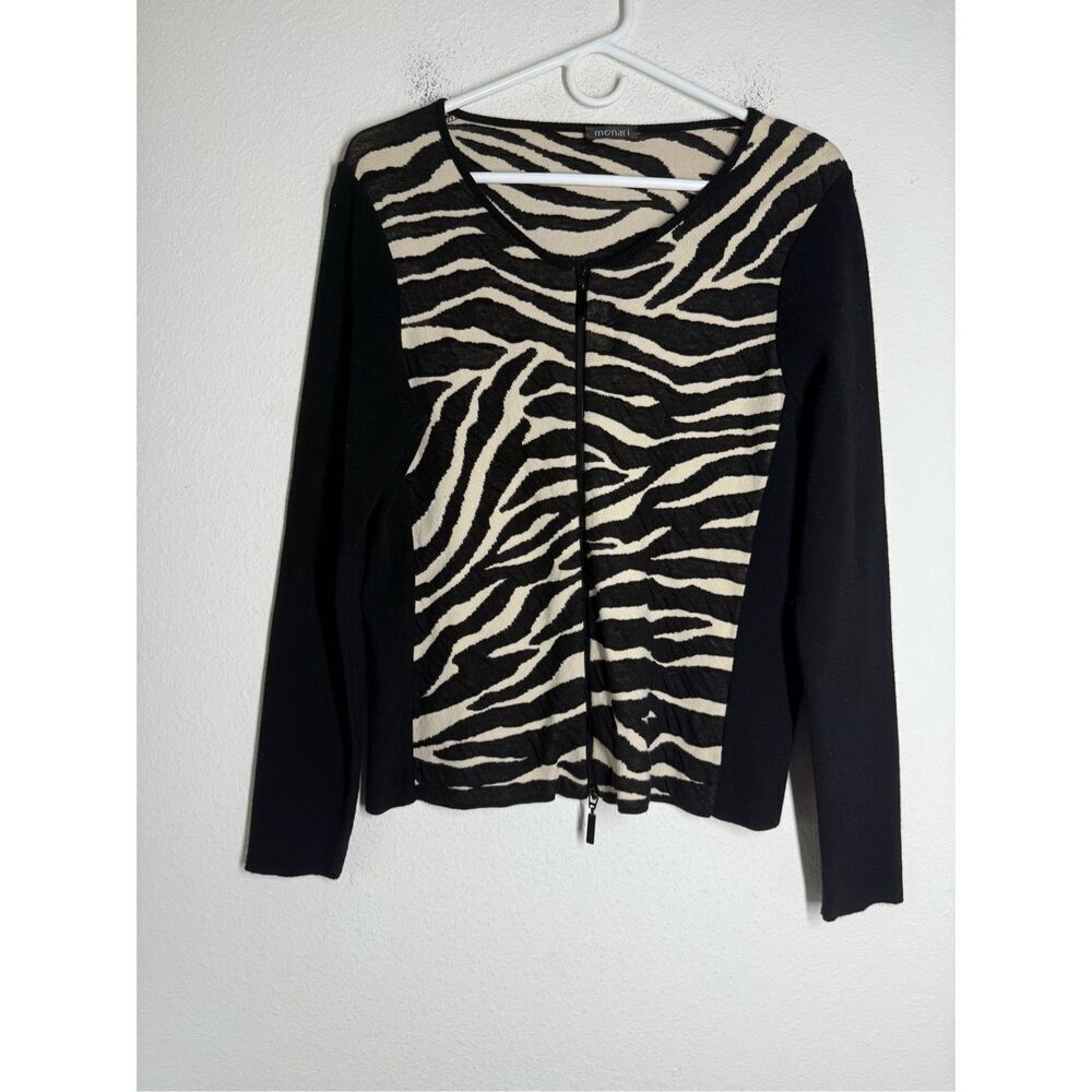 Monari Italia Womens Sz US 14 Black Zebra Print Cardigan Long Sleeve Full Zip
